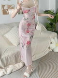 Purpdrank  Summer Women Sexy Slim Wrapped Hip Midi Dress Sweet Fragmented Flower Sheath Strap Dresses Spicy Girl Retro Split Sundress