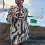 Purpdrank  Streetwear Casual Striped Print Shirt Dress for Women Long Sleeve Turn-down Collar Single Breasted Loose Mini Dress Clubwear
