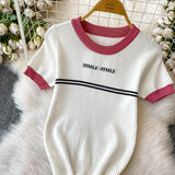 Purpdrank  Korean Sle Student Stripe Knitted T-irt Top High Waist A-Line Skirt Set round Ne ort Sve Casual Faion Ensemble