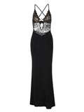 Purpdrank  Black Lace Mesh Maxi Dress for Women Sexy Metal Circle Cut Out Deep V Neck Sleeveless Criss Cross Back Bodycon Party Dress