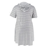 Purpdrank  Vintage Black White Striped Print T-shirt Mini Dress Women Knit Ribbed Short Sleeve Hooded V-neck Casual Summer Dress Streetwear