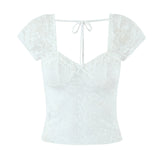 Purpdrank  Sexy White See Through Lace Bra Chest Tank Tops Women Short Sleeve Perspective Hollow Out Push up Back Crop Tank Girl Tee