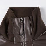 Purpdrank  Safari Style Pu Leather Jacket Slim-Fitting Pockets Turtleneck Zip-Up Long Sleeve Coats Women Autumn Winter Y2K Streetwear