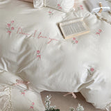 Purpdrank  Rose Flowers Embroidery 100% Cotton Korean Princess Style Plaid Bedding Set Duvet Cover Flat/Fitted Bed Sheet Pillowcases 4Pcs