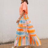 Purpdrank   Spring Summer Vacation Loose Long Skirt Elastic High Waist Hem Bohemian Women's Skirt Vintage Pattern Printed Pleated Half Skirt