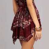 Purpdrank   Summer Women Paisley Print Spaghetti Strap Backless Mini Dress V Neck Layered Ruffle Hem Casual Dress Boho Vacation Romper Dress