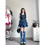 Purpdrank - Camisole Spring Fashion Dress Sleeveless Denim Slim Waist Vintage Y2k Women Ball Gown Button Ruffles High Street Sweet Skirts