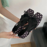 Purpdrank  Women's Elegant Pink Satin Ballet Shoes Square Toe Cross Strap Polka Dot Bow Mary Jane Shoes Inside Mid Heel Casual Pumps