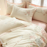 Purpdrank  Beige/Pink Flowers Butterfly Embroidery 100% Cotton Bedding Set Duvet Cover Set Bed Sheet/Fitted Sheet Pillowcases 4Pcs Bed Sets