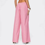 Purpdrank   Summer New Women's Vertical Striped Drawstring Wide Leg Pants Lightweight High Waist Casual Trousers Versatile Loose Fit Pants