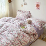 Purpdrank  Cute Floral Duvet Cover Set Ins Korean Style with Flat Sheet Pillowcase No filler Washed Cotton Queen Full Twin Home Bed Linen