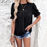 Purpdrank  Summer Women's T-shirt Lace Collar Female Short Sleeve Tops Solid Color Hollow Out Lady's Blouse Women's Bottoming Shirt