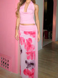 Purpdrank  Sexy Halter Three Piece Women Summer Dress Sets 2025 Fashion Swinging Collar Backless Cropped Top and Print Floral Long Skirts