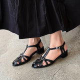 Purpdrank   New Handmade Shoes Genuine Leather Hollow-out Mid Heel Sandals High Quality Soft Comfortable Elegant Ladies Shoes 34-40