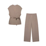 Purpdrank  Women2 Pieces Casual Kimono Wrap-Style V Neck Waistcoat Pyjama Style Trousers Two Piece Set Female OutfitHigh Waist Pants Set