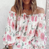Purpdrank  Women Long Sleeve Off Shoulder Floral Print Summer Causal Lace Up Blouse Tops Shirts Female Blouses Sexy Casual Blouse For Women
