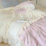 Purpdrank  Korean Princess Style Flowers Lace Ruffles 100% Cotton Bedding Set Duvet Cover Bed Sheet/Fitted Sheet/Bed Skirt Pillowcases 4Pcs