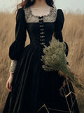 French Hepburn Velvet Black Midi Dress Women Elegant Lace Long Sleeve Dress Sexy Court Retro Evening Party Y2k Dress 2023 Winter