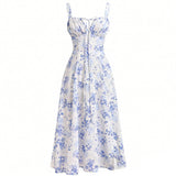 Purpdrank  Women's Floral Print Spaghetti Strap Maxi Dress Slim Fit Tie Front Ruched Vintage Boho Dresses Holiday Vacation Summer Sundress