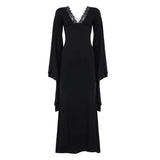 Purpdrank  Gothic Lace Trim Bodycon Dress Elegant Fashion Dark Slim-Fitting Solid Deep V-Neck Long Flare Sleeve Maxi Dresses Women