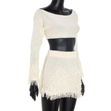 Purpdrank  Sexy Tassel Two Piece Women Crocheted Knit Skirts Sets 2025 Autumn Winter Off Shoulder Long Sleeve Cropped Tops and Mini Skirt