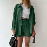 Purpdrank  Summer Cotton Linen High Waist Shirt Shorts Women Turn Down Collar Long Sleeve Tops and Shorts Suit Cotton Casual Two Piece Sets