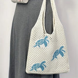 Purpdrank  Casual Cartoon Turtle Knitting Shoulder Bag Hollow Large Capacity Beach Bag Knitted Beige Brown Underarm Bag Vacation