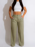 Purpdrank  Women Casual Loose Straight Pants High Waisted Button Wide Leg Trousers Pleated Long Culottes Pants Elastic Trouser with Pockets