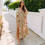 Purpdrank  Summer Women Print Long Dress Sexy V-neck High-Waisted Split  Bohemia V-neck Bat Sleeve Vacation Party Lady Vestido