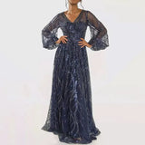 Purpdrank  Long V-Neck Sequin Dress Elegant Bow-Knot Party Dress Polyester Fabric High Waist Bubble Sleeve Floor-Length Simple Chic