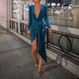 Purpdrank  Blue Velvet Long Sve Dr Deep V Ne Irregular ort Skirt Birthday Par  Dr Street Sle mid Waist Autumn Faion