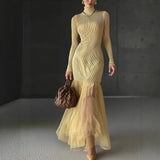 Purpdrank   Autumn/Winter New Arrival Yellow Knitted Patchwork Chiffon Polka Dot Maxi Dress