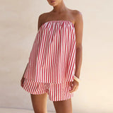Purpdrank   Summer Striped Printed Backless Suit Casual Loose Vacation Woman Outfits Sexy Strapless Hollowed Out Top + Shorts Two Piece Set