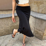 Purpdrank  Basic Solid Mermaid Hem Skirts Slim Black Folds Low-Waisted Midi Skirts Women Summer Fashion Streetwear Lady Party Bottoms