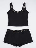 Purpdrank  Street Style 2-Piece Set Sexy Metal Eyelet U-Neck Sleeveless Tank Top and Low Rise Slim Shorts Women Casual Sporty Outfit