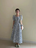 Purpdrank  French Print Dress Women's Summer Waist Square Neck Dress
