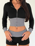 Purpdrank  Women Casual Striped Color Block 2-Piece Set Zip Up Long Sleeve Crop Hoodie & Shorts Matching Suits Streetwear Tracksuit