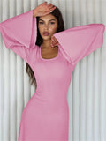 Purpdrank - Scoop Neck Lace-Up Ribbed Maxi Dress Female Long Sleeve Fashion Slim Loose Bandage Dress Autumn 2023 Solid Women Dress New