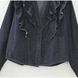 Purpdrank  Fashion Ruffled Denim Shirt Jacket For Women Y2K V-neck Long Sleeve Single Breasted Jeans Blouse Female Chic Street Outerwear