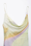 Purpdrank  2025 Women Fashion Pleat V Neck Tie Dyed Print Mesh Yarn Sling Long Dress Female Chic Summer Beach Wear Vestidos DS9321