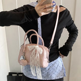 Purpdrank  Mini Boston Shoulder Crossbody Bags For Women Lace Bowknot Round Top-handle Bag With Heart Pendant 2025 Designer Handbags
