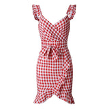 Purpdrank  Plaid Lace Up Bodycon Dress Women Ruffles Summer Dress Off Shoulder V Neck Backless Irregular Bow Tie Dresses