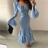 Purpdrank   Elegant V Neck Flared Sleeves Mermaid Long Dress Lady Fashion Slim Fit Wrap Hip Dresses Ruffle Edge Design Spring Holiday Dress