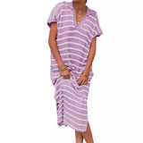 Purpdrank  Women Dress Long Dresses Knitted Turn Down Collar Short Sleeve Print Striped Casual Loose Elegant Splice Summer Vestidos