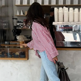 Purpdrank  Spring New Women's Fashion Style Casual Versatile Curled Cuff Stripe Loose Shirt Top