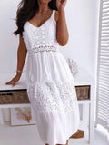 Purpdrank   Boho Midi Dress Women Sexy Backless Dress Summer Spaghetti Strap Fashion White Lace Patchwork Casual Beach Sleeveless Dresses