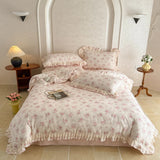 Purpdrank  3/4Pcs Korean Floral Lace Ruffles 100% Cotton Bedding Set Single Queen king Duvet Cover Set Flat/Fitted Bed Sheet Pillowcases