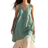 Purpdrank  Summer Vintage Solid Color Loose Mini Dresses Fashion Casual Sleeveless V-neck Simple Dress Ladies Vestidos