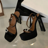 Purpdrank  Sexy Black High Heels Platform Sandals For Women Fashion Thick Bottom Square Toe Crystal Buckle Ladies Party Banquet Shoes