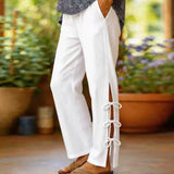 Purpdrank  Casual Linen Cotton Trousers Elastic Waist Side Split Tie Design Loose Pants